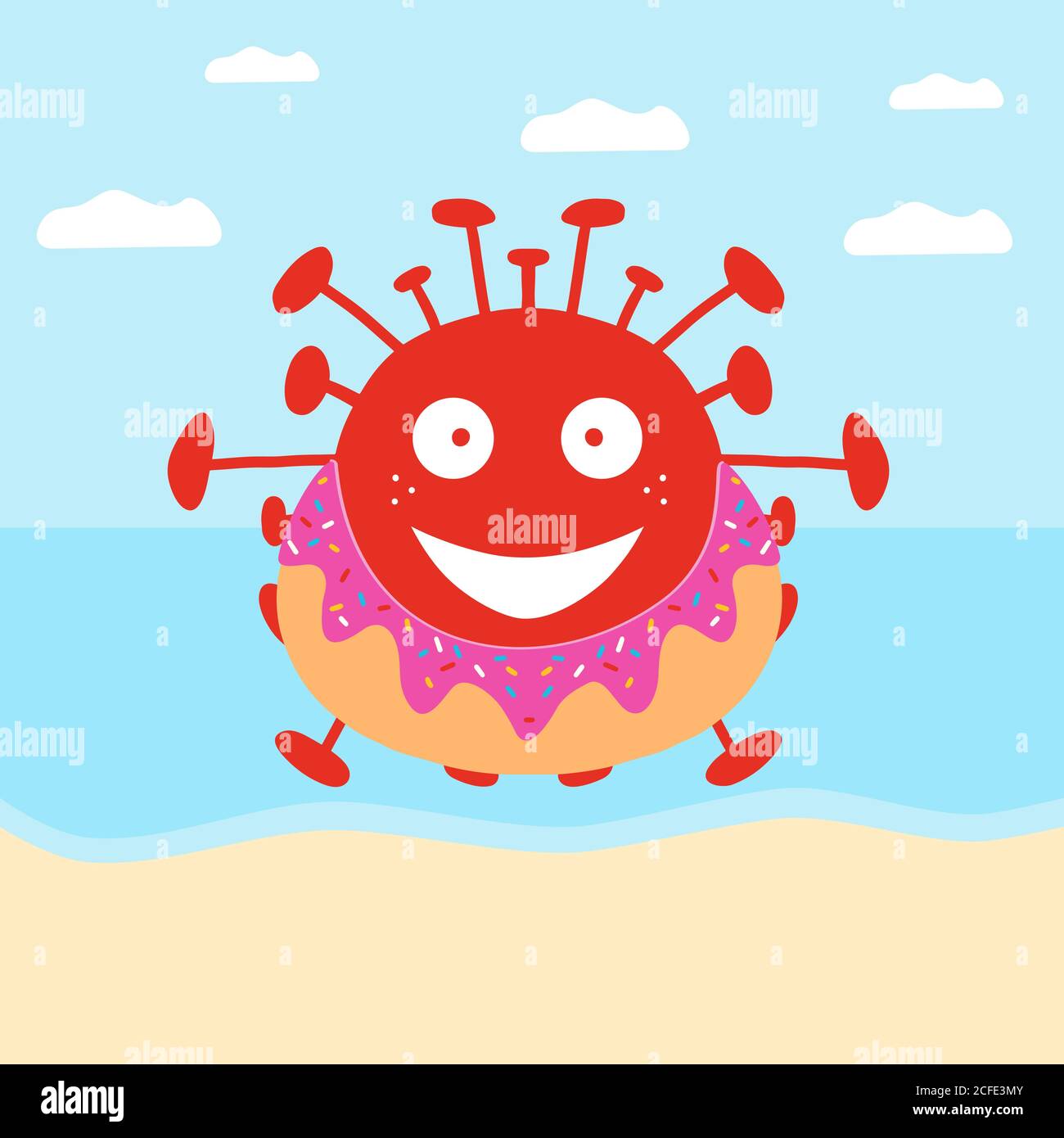 Red Cartoon Coronavirus Bakterien in Donut Schwimmkreis am Strand. Isoliert auf weißem Hintergrund. Vektorgrafik. Stock Vektor