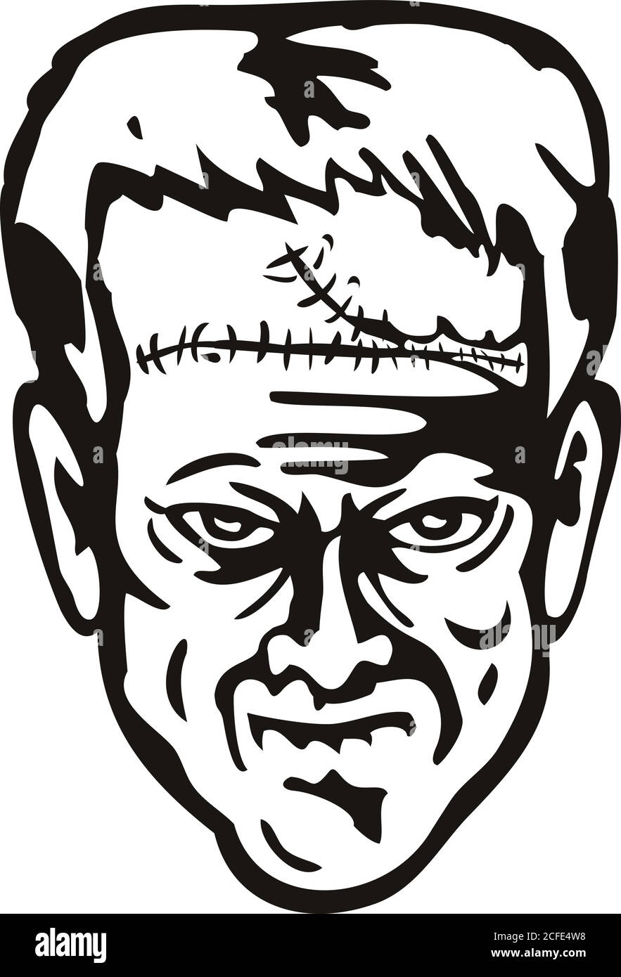 Schablone Illustration des Kopfes von Doktor Victor Frankenstein's Monster von vorne auf isoliertem Hintergrund in schwarz und weiß Retro-Stil. Stock Vektor