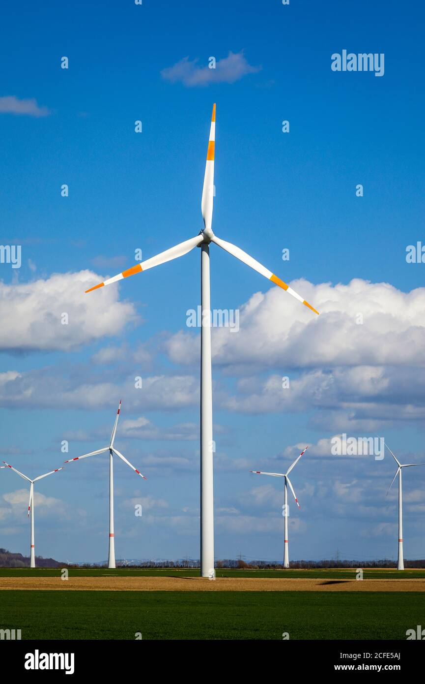 Windkraftanlagen im Windpark, Bedburg, Nordrhein-Westfalen, Deutschland Stockfoto