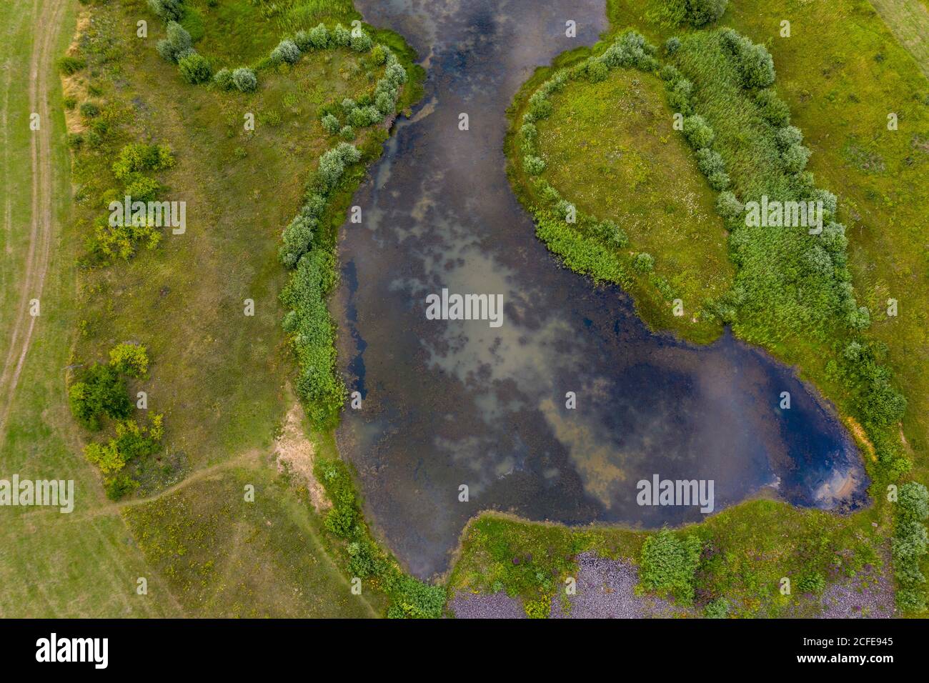 Deutschland, Sachsen-Anhalt, Glindenberg, Weiher an der Elbe, Überflutungsgebiet, Luftaufnahme mit Drohne. Stockfoto