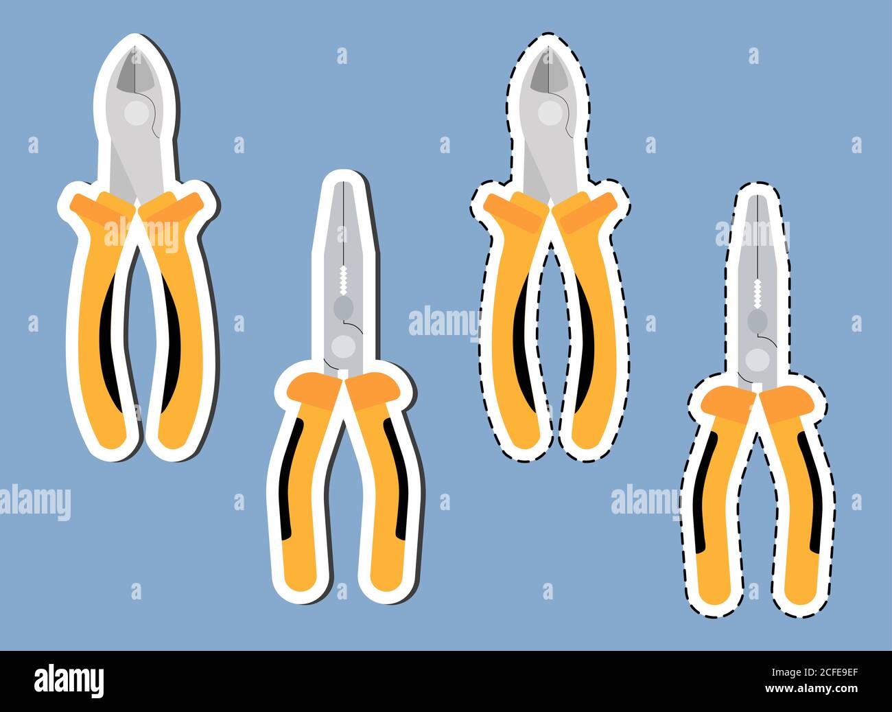 Satz gelbe Seitenschneider und Zangen. Aufkleber mit gepunkteter Linie und weißem Strich und Schatten. Werkzeuge sind geschlossen, isoliert auf blauem Hintergrund, flach Stock Vektor