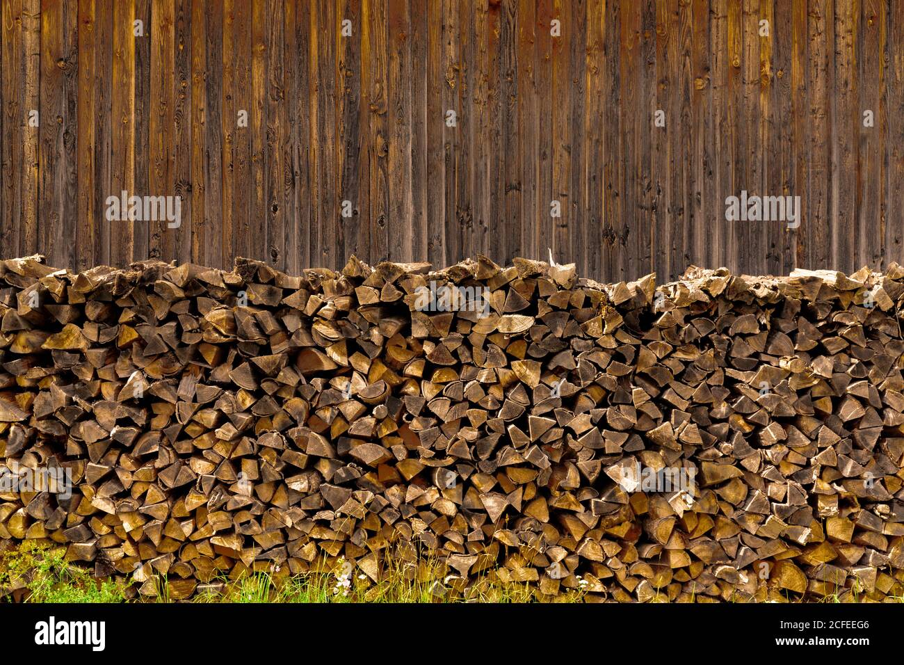 Holzstapel vor der Holzwand Stockfoto