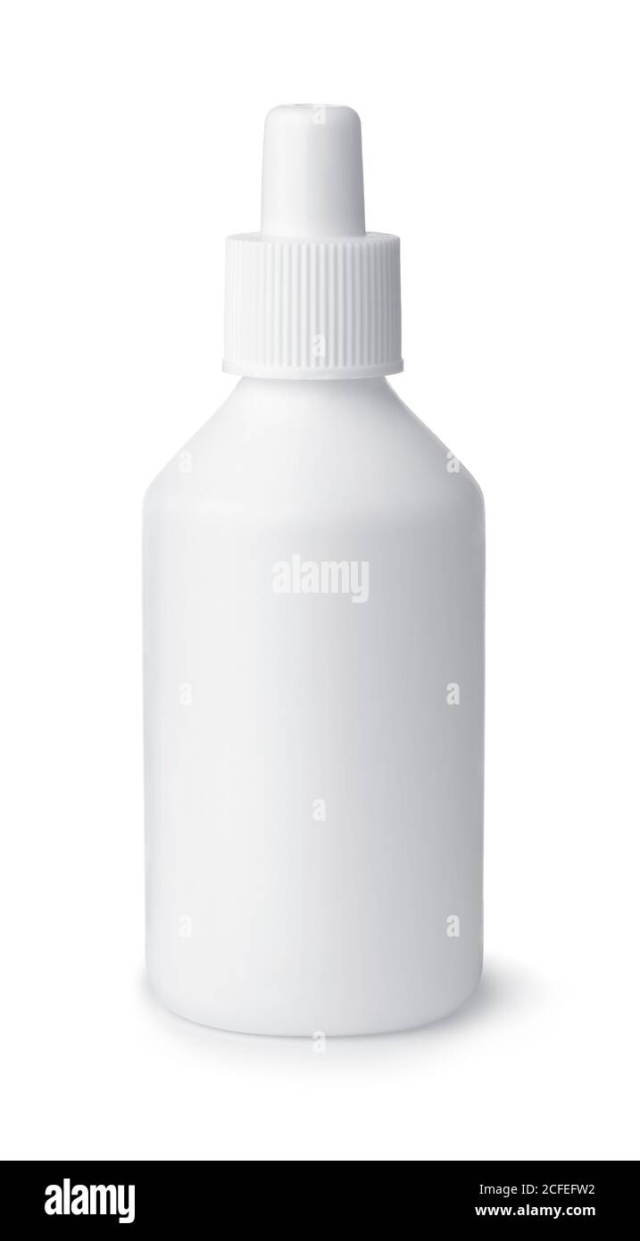 Vorderansicht von leeren Kunststoff medizinische Flasche isoliert auf weißem Stockfoto