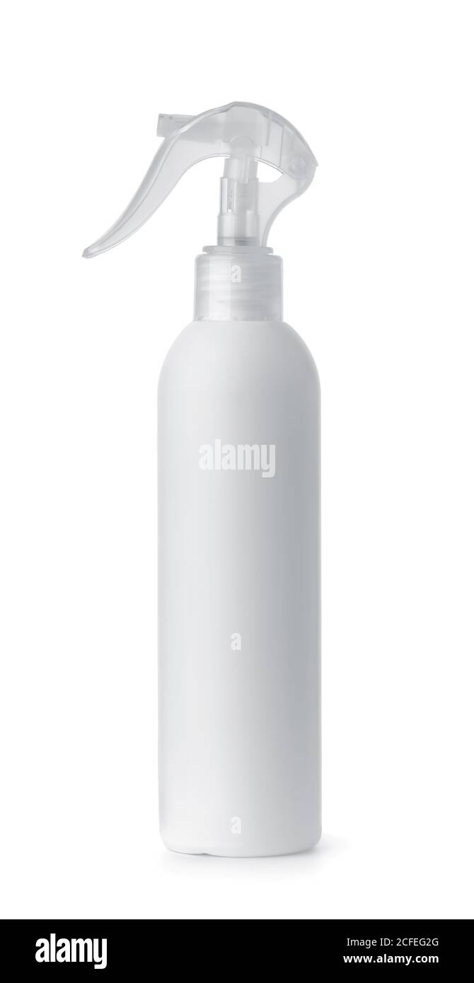 Seitenansicht der weißen Kunststoff-Sprühflasche isoliert auf Weiß Stockfoto