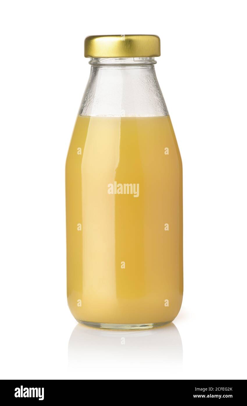 Glasflasche Ananassaft isoliert auf weiß Stockfoto