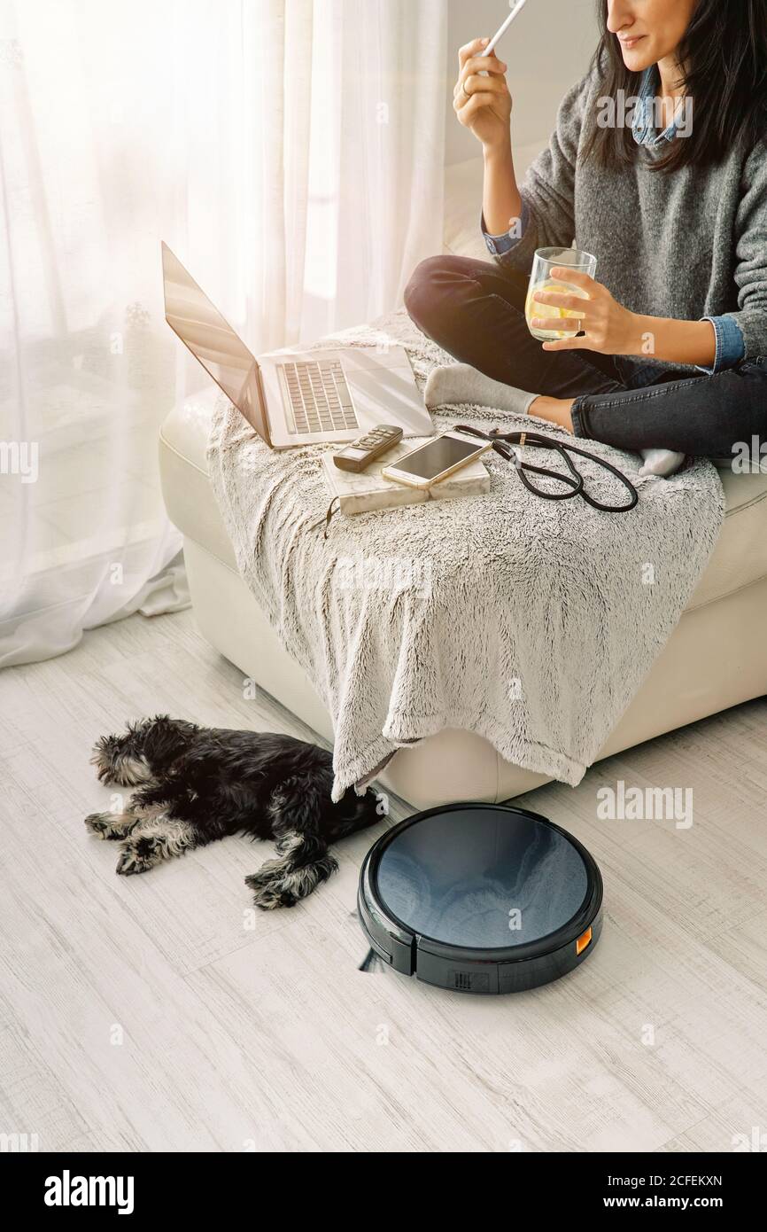 Frau sitzt auf dem Sofa im hellen Raum und arbeitet an einem Computer und trinken kaltes Getränk mit niedlichen Welpen liegen Nächster Runde schwarzer Roboter-Staubsauger Stockfoto