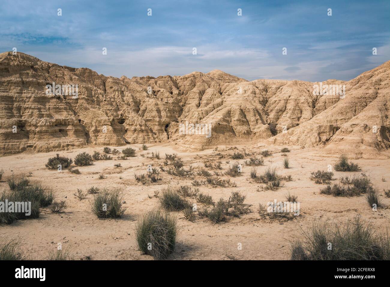 Atemberaubende Wüstenlandschaft mit trockener Vegetation und gelben steinigen Hügeln In der Halbwüste Bardenas Reales Navarra Spanien Stockfoto