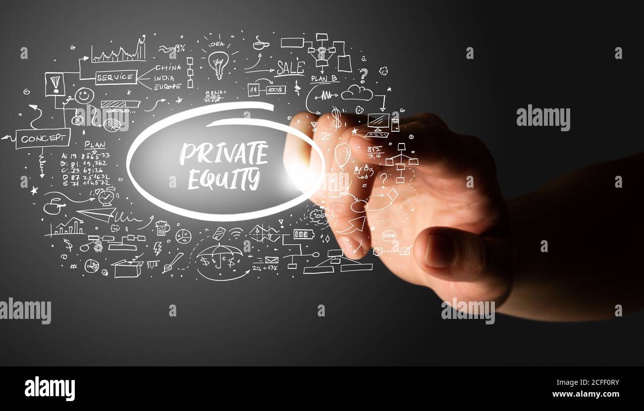 Hand berühren PRIVATE EQUITY Inschrift, handgezeichnete Symbole um, business plan Konzept Stockfoto