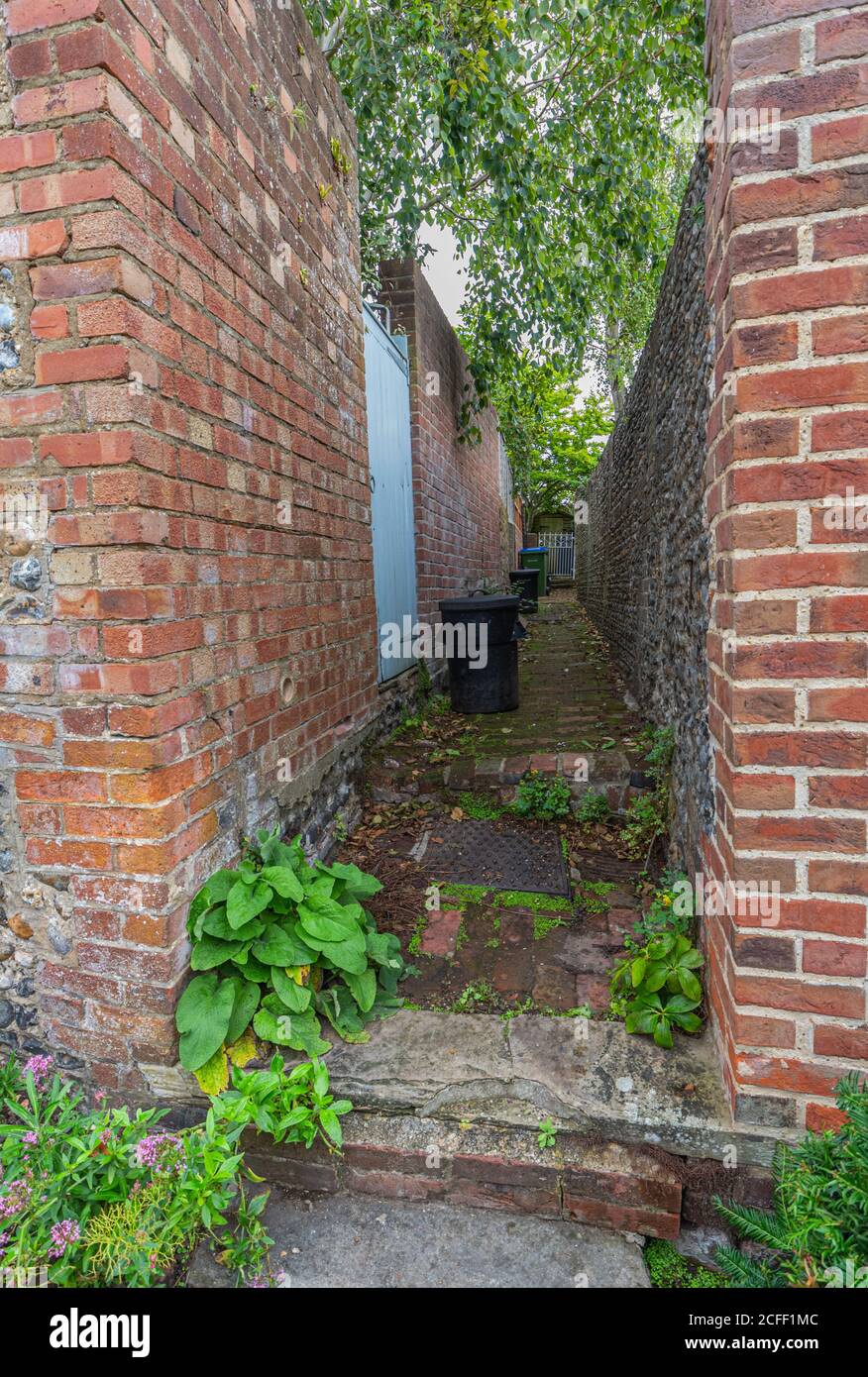 Schmale Gasse oder Durchgang, auch bekannt als Gasse oder Twitten zu denen in Sussex, mit hohen roten Backsteinmauern auf beiden Seiten, in West Sussex, England, Großbritannien Stockfoto