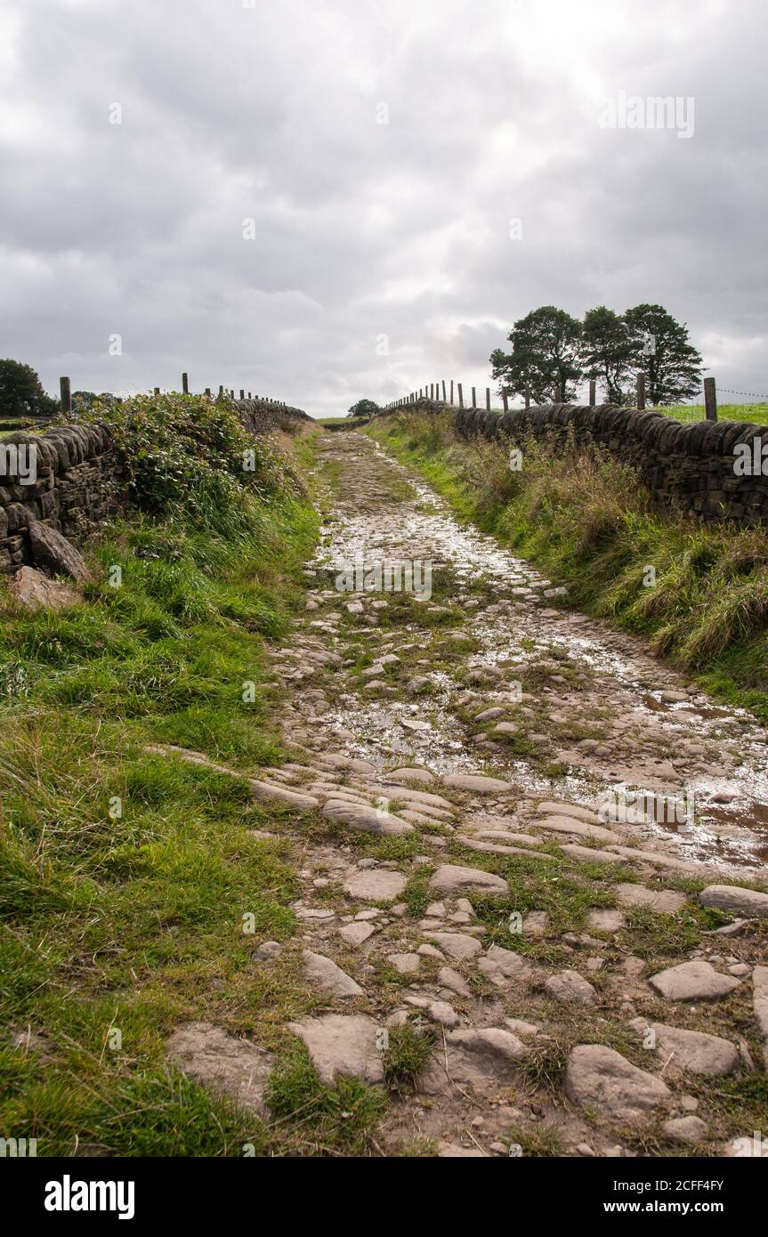 Rund um das Vereinigte Königreich - „Happy Valley“-Fußweg auf einem Spaziergang zum Studley Pike Monument, auf dem Moorland über der Todmorden & Hebden Bridge in West Yorkshire, Großbritannien Stockfoto