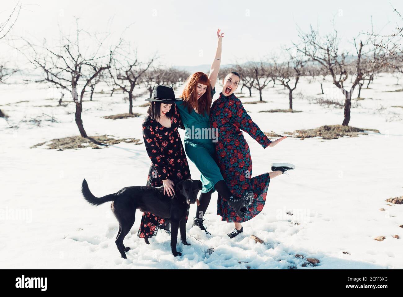 Fröhliche junge Freundinnen in bunten Kleidern mit Spaß und stehend Auf Schnee im Winterfeld mit Baumbepflanzung Stockfoto
