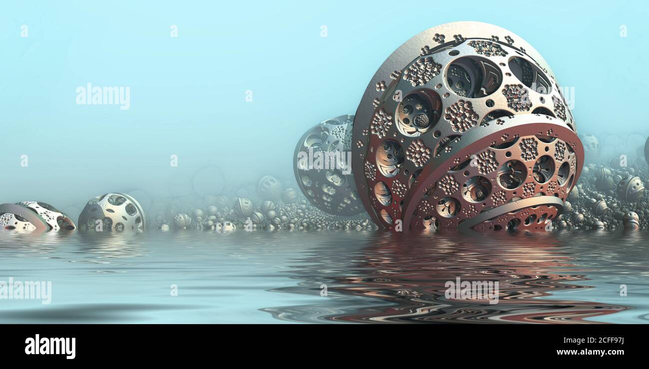 Hintergrund mit fantastischen 3D-Kugeln im Wasser, abstraktes Science-Fiction-Design. Stockfoto