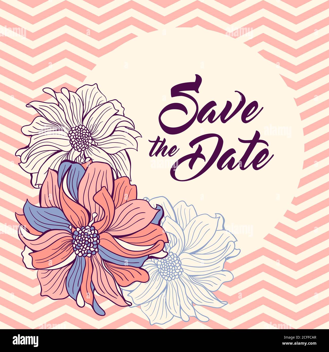 Speichern Sie die Datumskarte mit Hintergrund-Chevron-Muster und Blumen. Runder Rahmen für Text. Speichern Sie die Datumsbeschriftung. Hochzeitseinladung, Vektorgrafik Stock Vektor