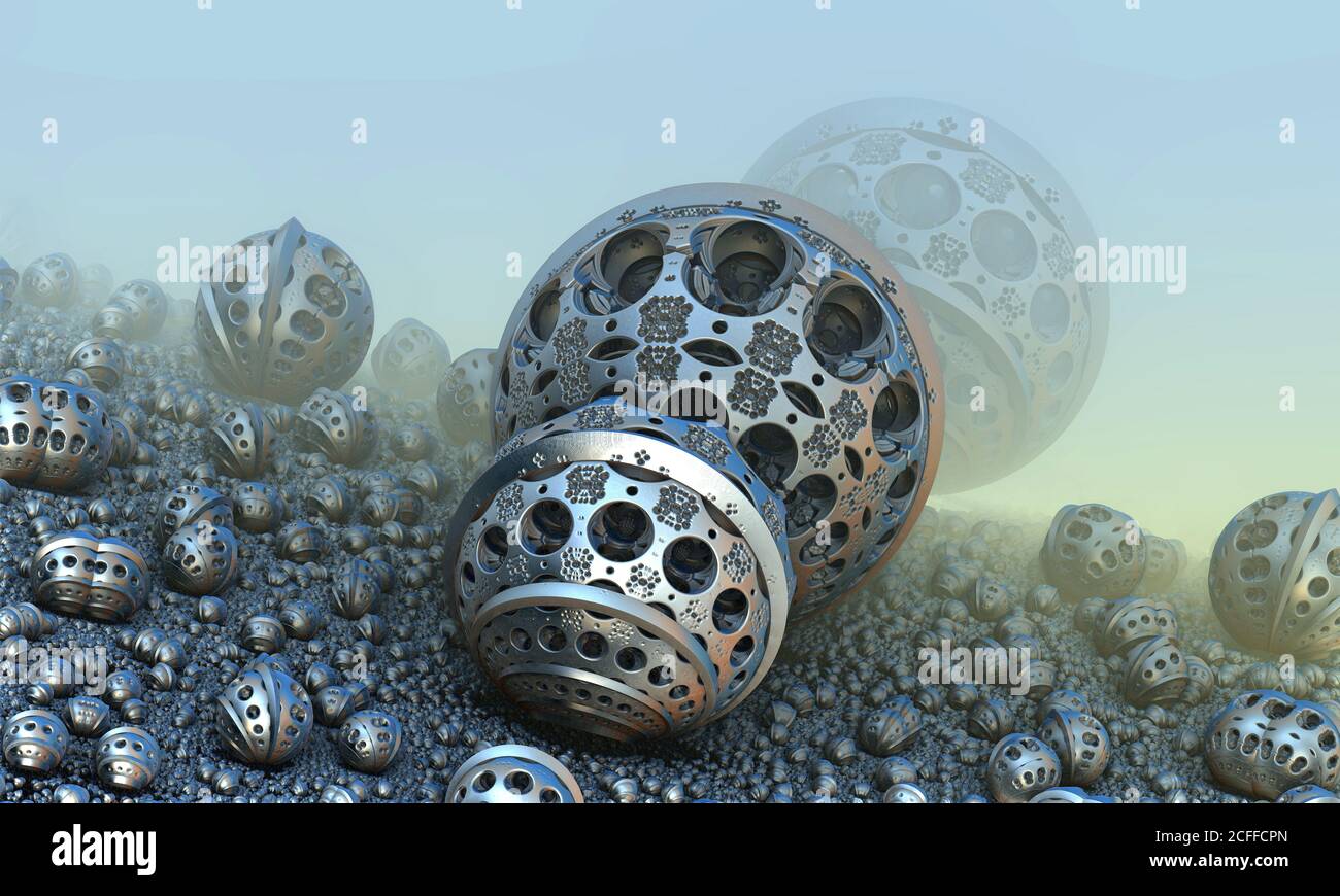 Hintergrund mit fantastischen 3D-Kugeln, abstraktes Fraktaldesign. Stockfoto