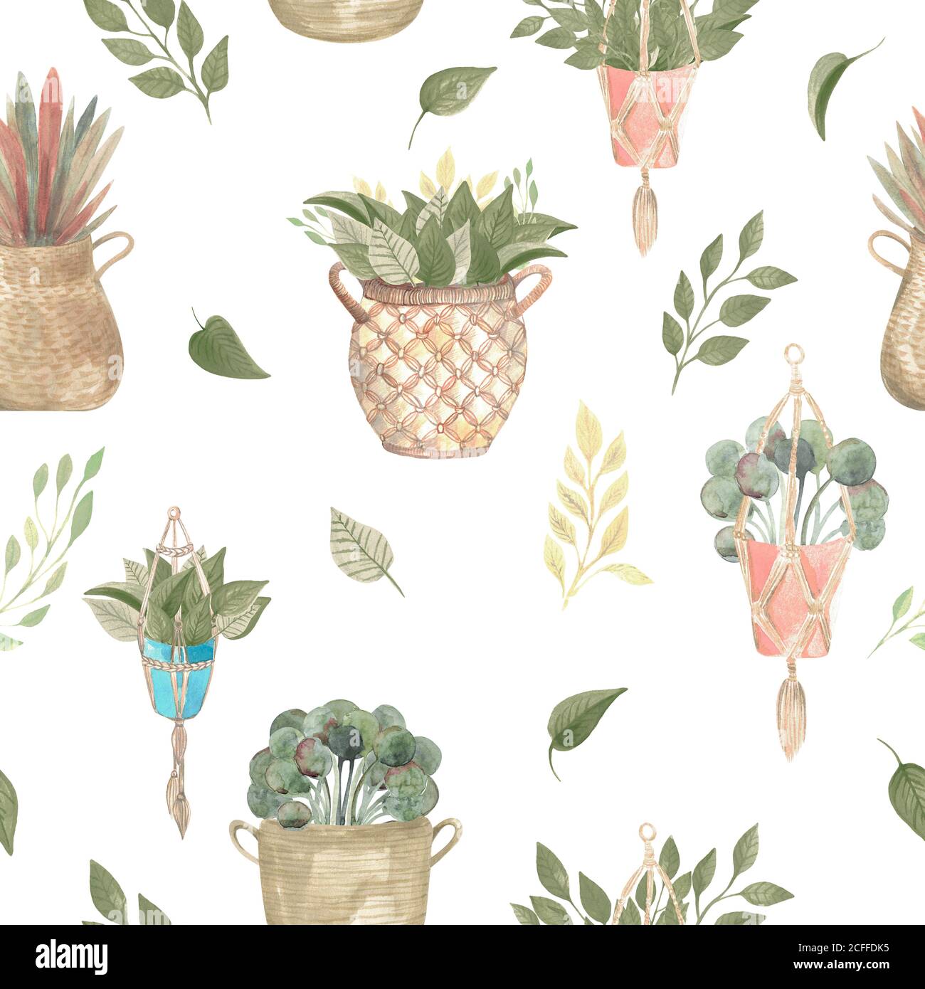 Nahtloses Muster von Boho-Pflanzen und Blumen im Innenbereich in Körben und hängenden Töpfen. Aquarell Illustration modernes Wohndekor auf weißem Hintergrund Stockfoto