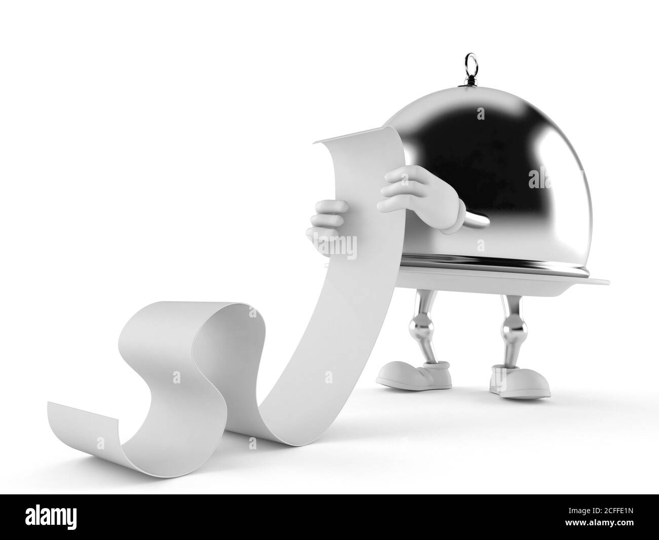 Silberne Catering-Kuppel Lesen lange Liste auf weißem Hintergrund Stockfoto