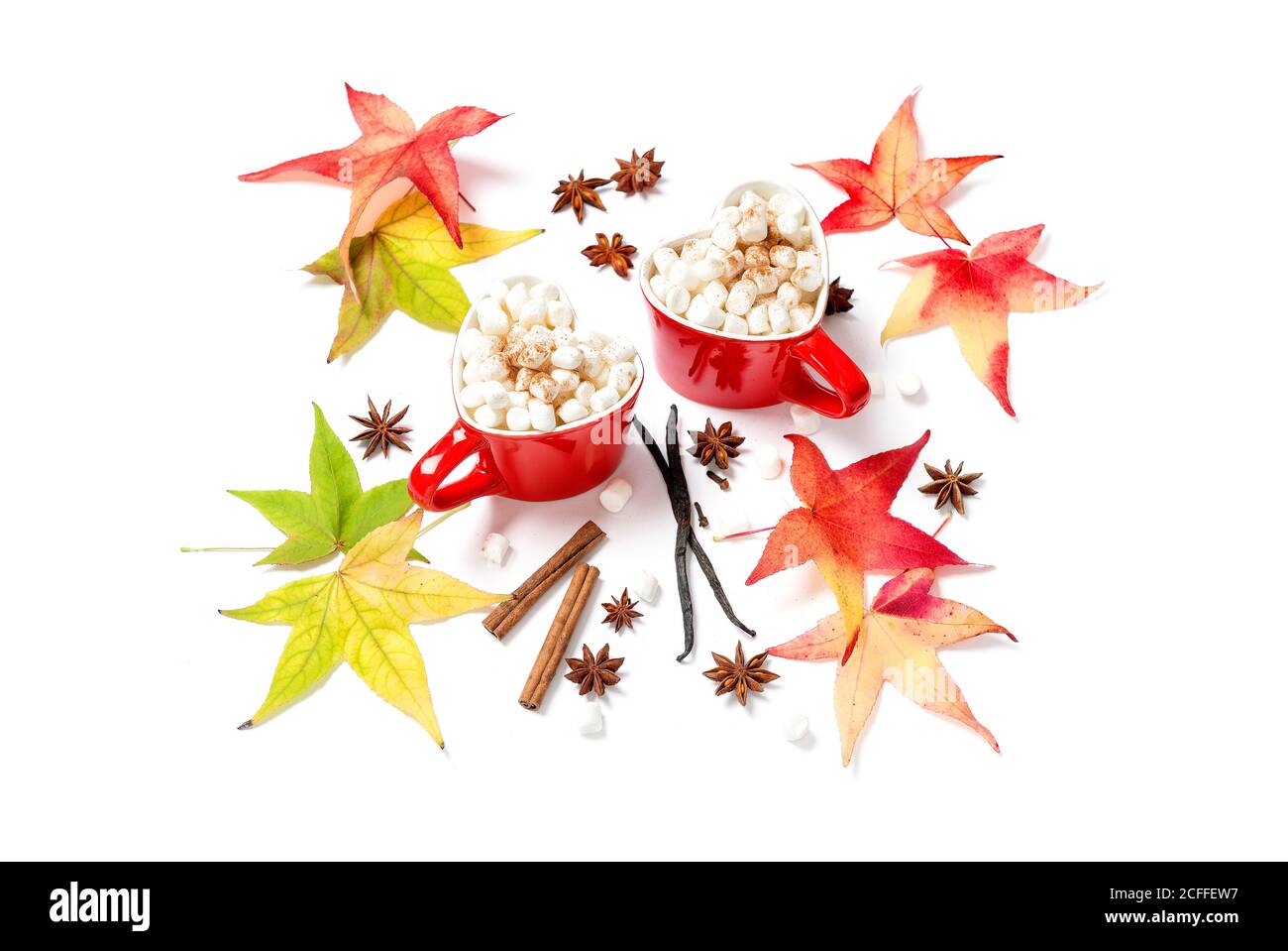 Marshmallow Heißgetränk mit Herbstlaub Dekoration auf weißem Hintergrund Stockfoto