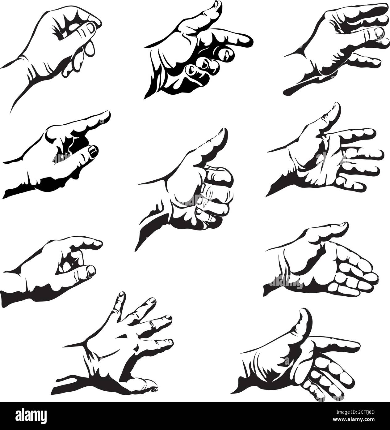 Grafische Zeichnungen von Händen, Hand, Finger, Daumen, Handfläche, Nägel, Fingernägel, Geste, Vektor, Silhouette, Zeichnung, dekorativ, ornamental; Bild Stock Vektor