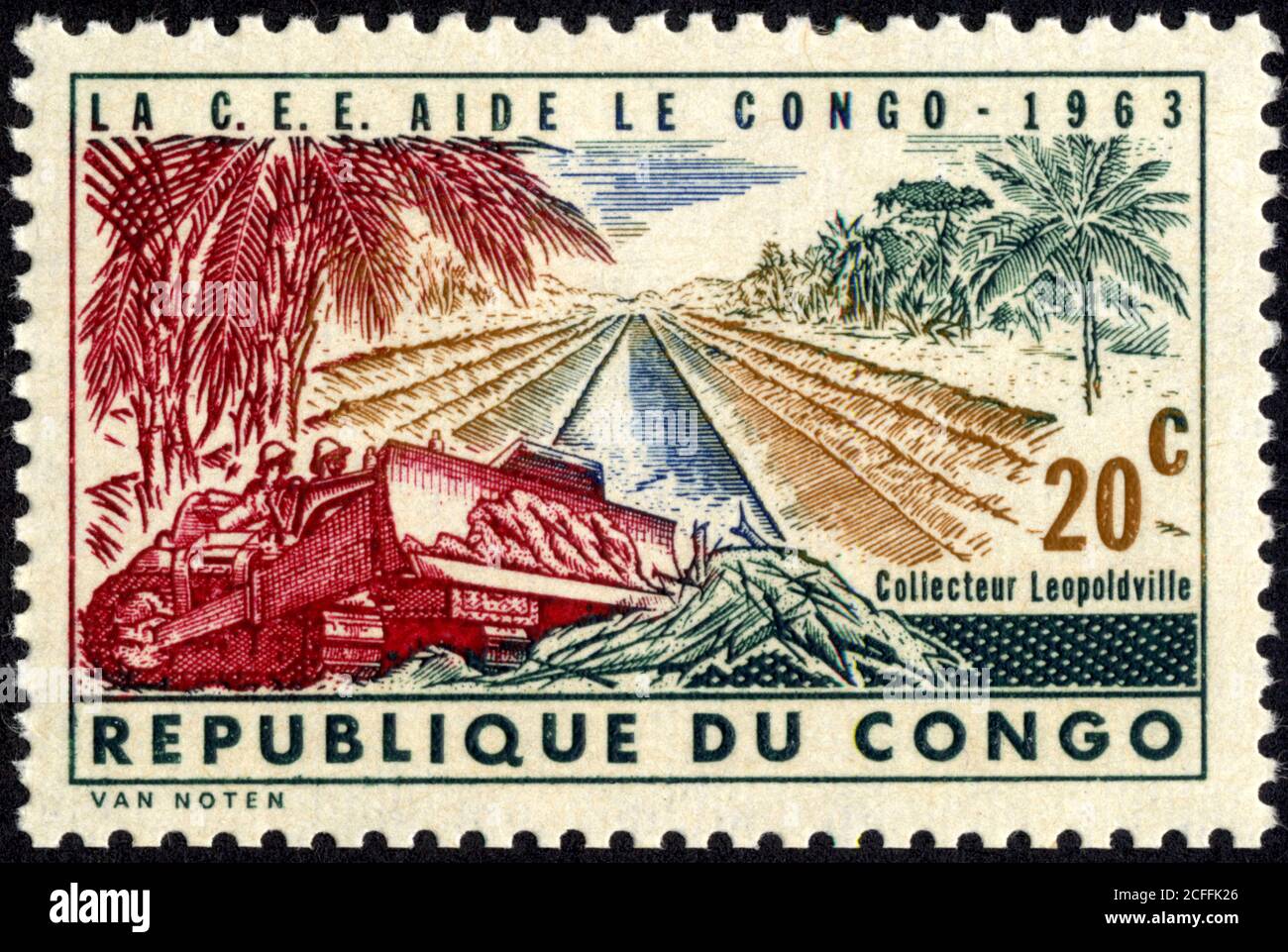 Timbre la C.E.E. Aide le Congo. 1963. 20 C. Collecteur Leopoldville. République du Congo Stockfoto