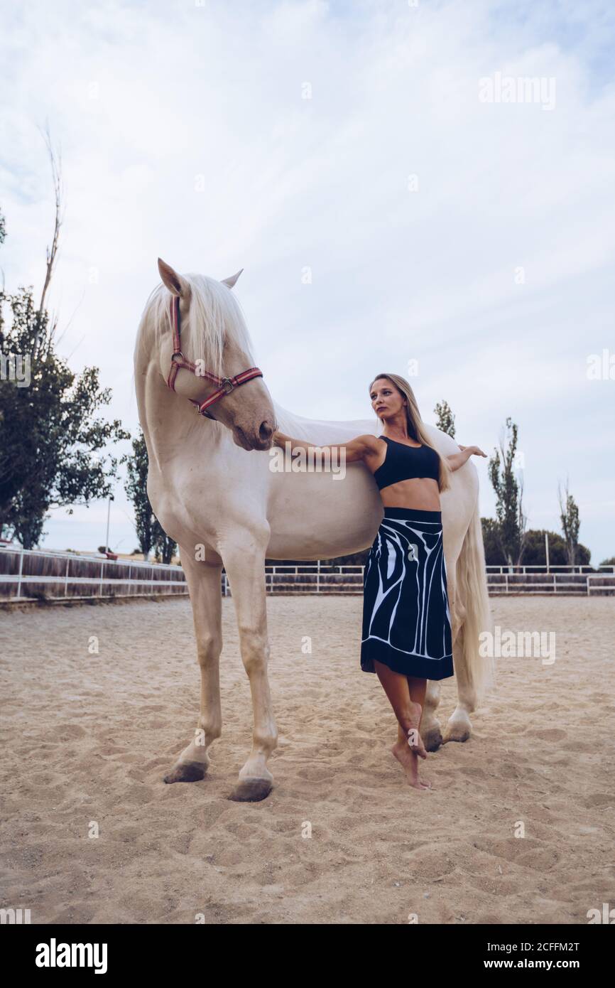 Seitenansicht einer attraktiven Frau in einem farbenfrohen langen Rock, die auf Zehenspitzen von einem weißen Pferd tanzt, das noch in einem sandigen Gehege am Hippodrom steht Stockfoto