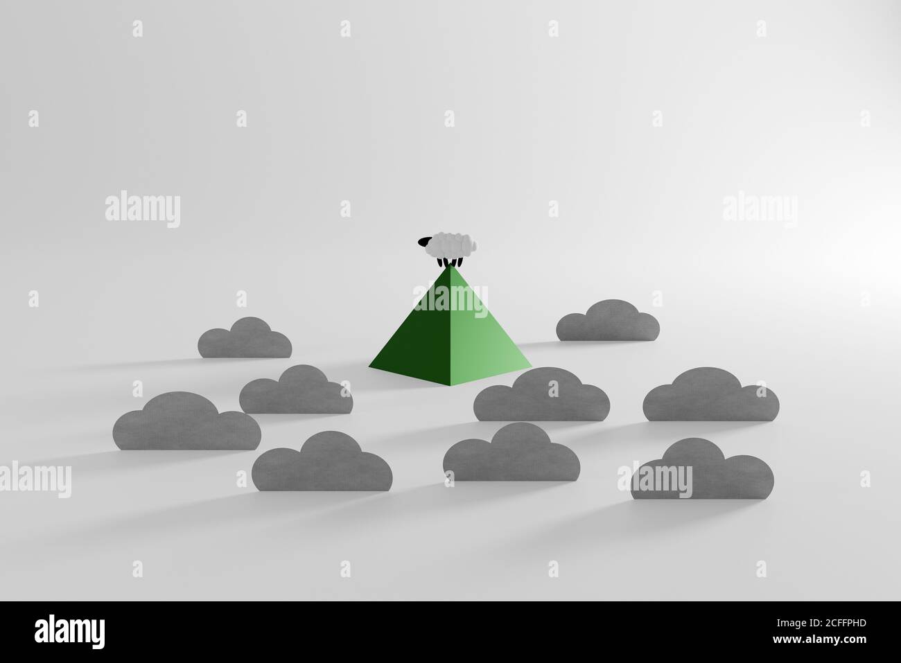 Schafe über Wolken auf dem Gipfel des Berges, Selbstverbesserungskonzept, 3D-Illustration Stockfoto