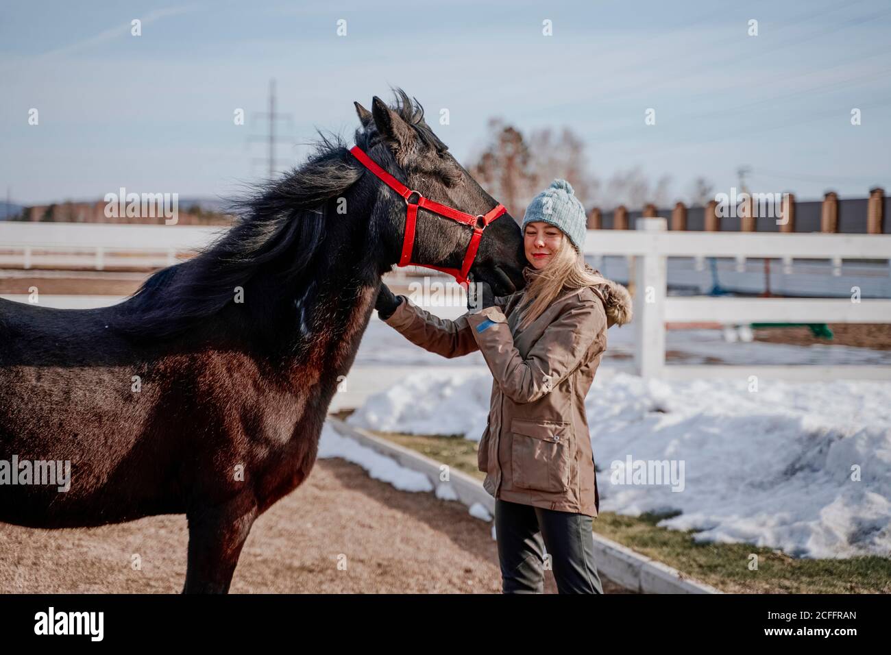 Seitenansicht von luxuriösen Mähne Pferd in verschneiten Hof und Frau in warmen Hut und Jacke in hellen kalten Tag Stockfoto