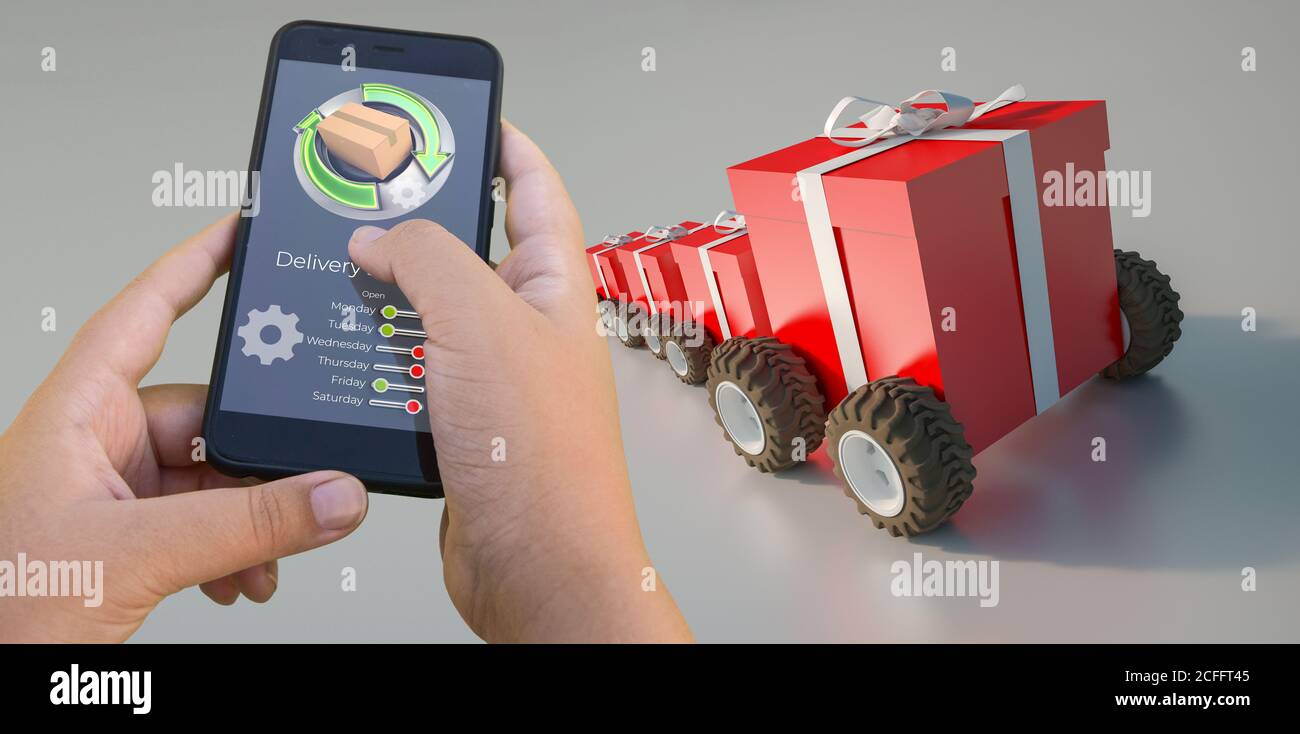 3D-Rendering einer Smartphone-App, die den Online-Kauf von Geschenken verfolgt Stockfoto