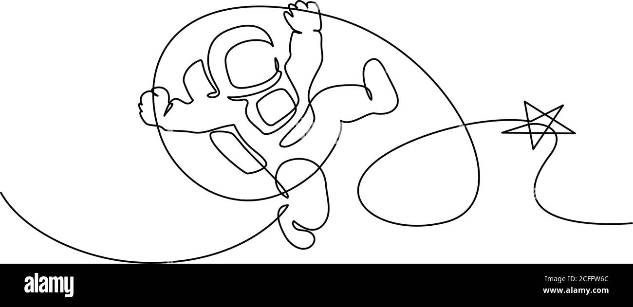 Astronaut Catching Star Logo. Fortlaufende eine-Linie-Zeichnung. Vektorgrafik Stock Vektor
