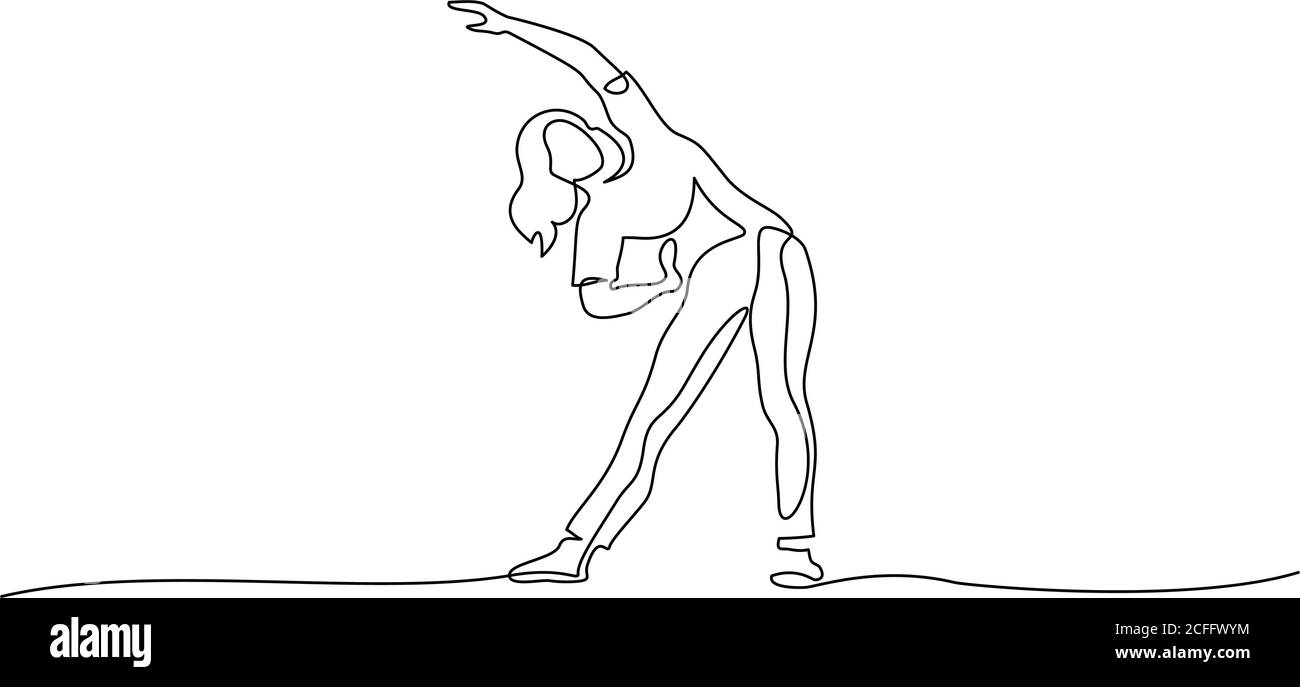 Frau machen Stretching-Übung bei Fitness. Fortlaufende eine-Linie-Zeichnung. Vektorgrafik Stock Vektor
