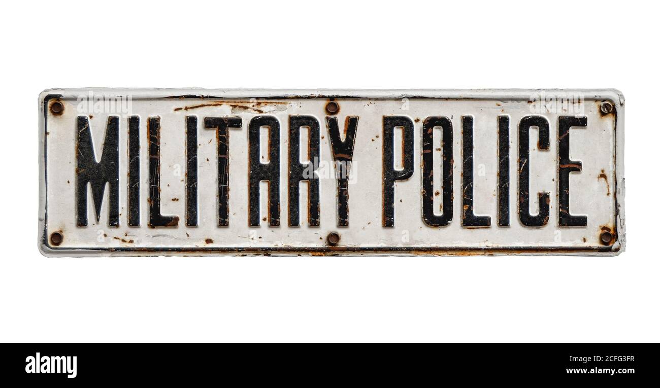 Isoliertes grungy Zeichen für Militärpolizei auf WEISSEM Hintergrund Stockfoto