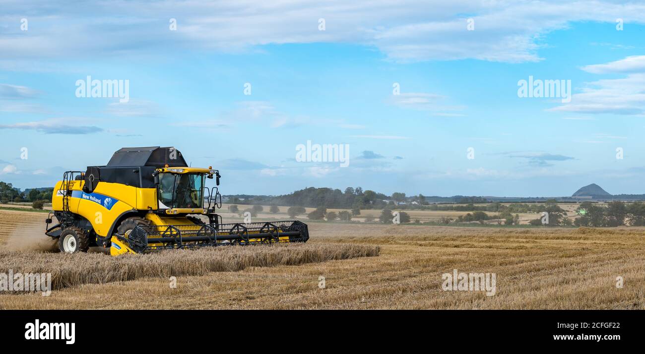 East Lothian, Schottland, Großbritannien, 5. September 2020. UK Wetter: Letzte Getreideernte. Die letzten Getreidefelder werden in diesem Teil der Grafschaft geerntet. Ein Blick auf Berwick Law in der Ferne mit einem New Holland Mähdrescher Stockfoto