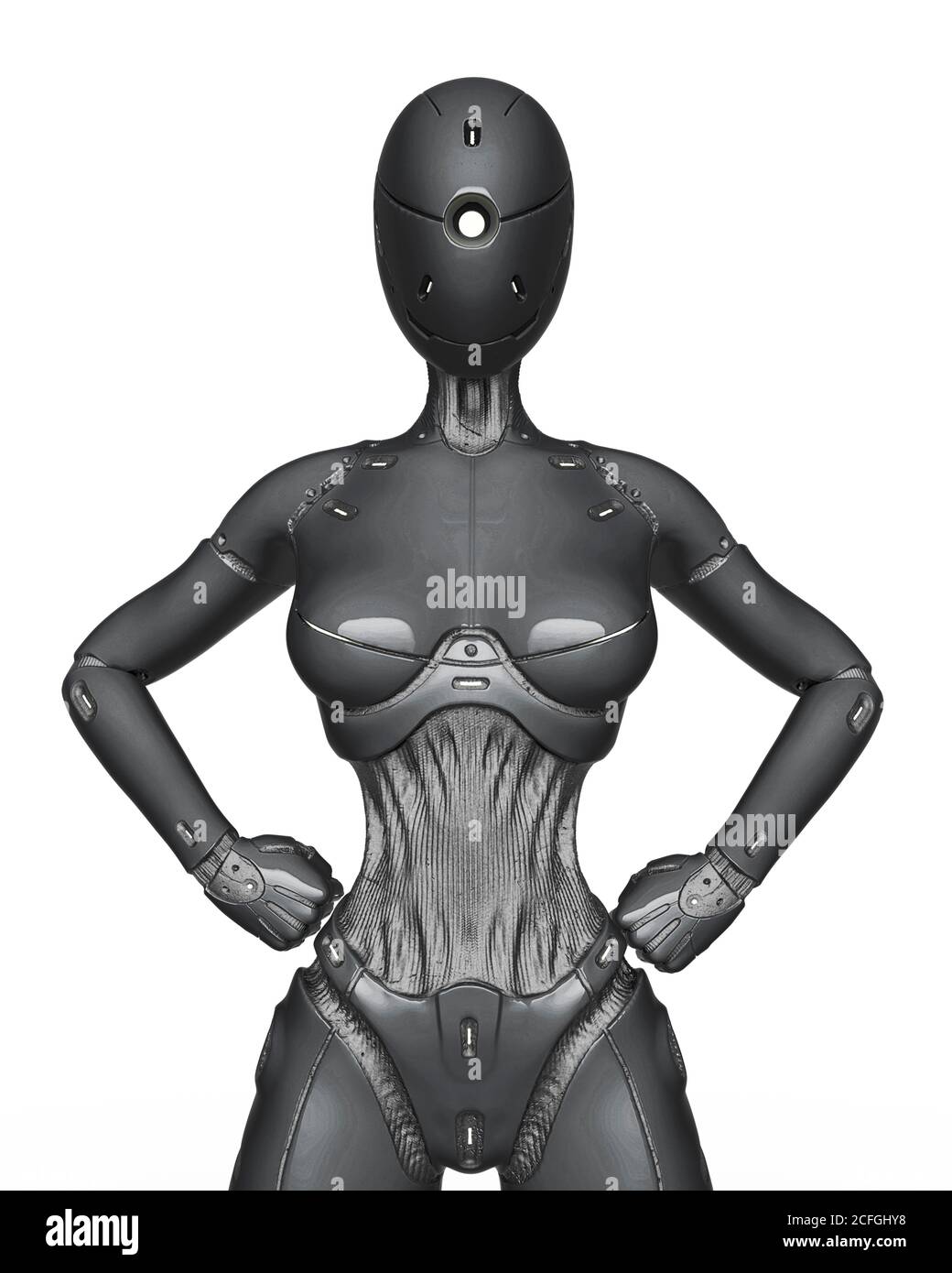Gynoid ist der super fembot macht eine Power-Action Pose in weißem Hintergrund, 3d-Illustration Stockfoto