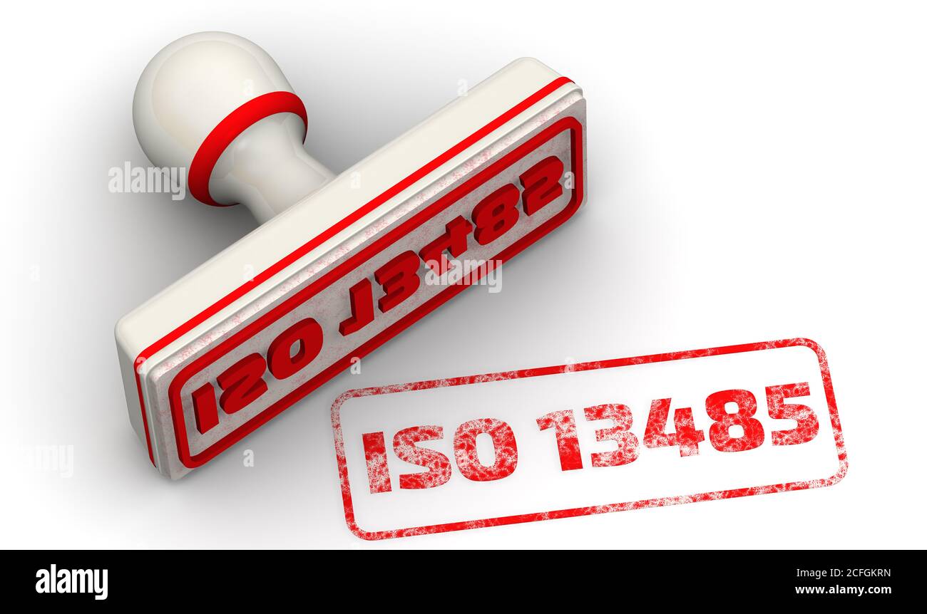 Ein weißer Stempel und roter Aufdruck mit Text ISO 13485 (Medizinprodukte. Qualitätsmanagementsysteme. Anforderungen für regulatorische Zwecke) Stockfoto