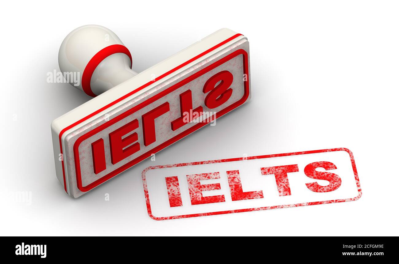 IELTS-Prüfung. Der Stempel und ein Aufdruck. Roter Stempel und Aufdruck IELTS auf weißer Oberfläche. 3D-Illustration Stockfoto