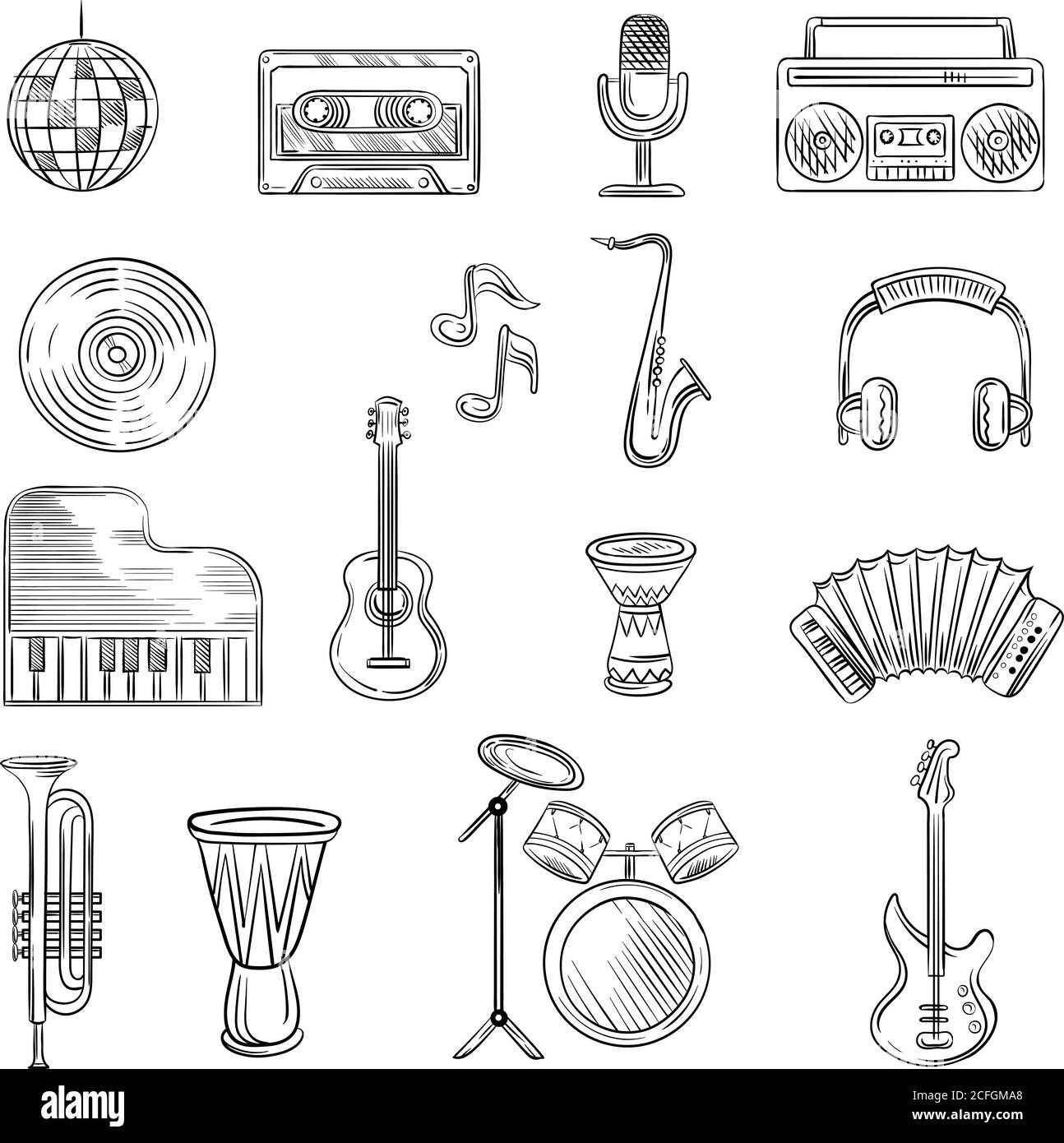 Symbole für Musikelemente eingestellt. Handgezeichnete Skizze mit Noten, Instrumenten, Gitarre, Kopfhörer, Schlagzeug, Musikspieler Stock Vektor