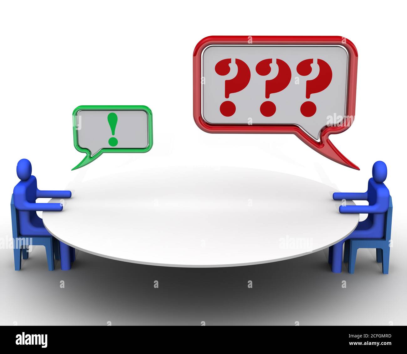 Gespräch. Fragen und Antworten. Symbolische Menschen mit Wolken Dialog sitzt vor einander am runden Tisch. 3D-Illustration Stockfoto