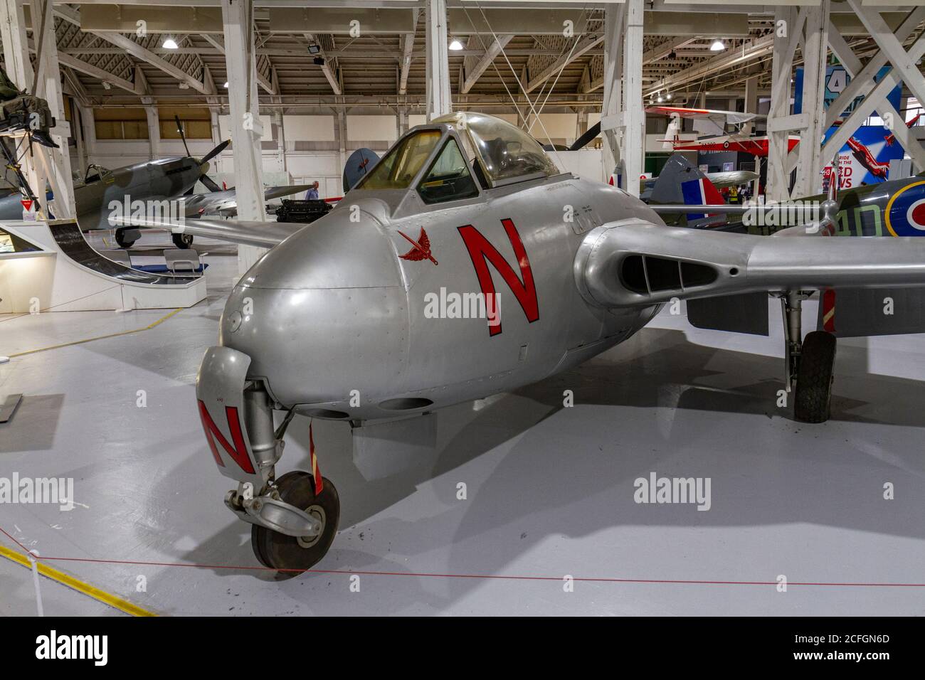 A de Havilland Vampire F3 Kämpfer (1946-52) auf dem Display im RAF Museum, London, UK. Stockfoto