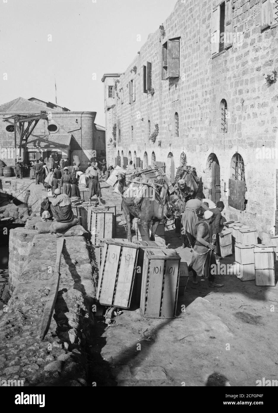 Geschichte des Nahen Ostens - Jaffa orange Kultur. Kisten mit Orangen auf dem Jaffa Wharf Stockfoto