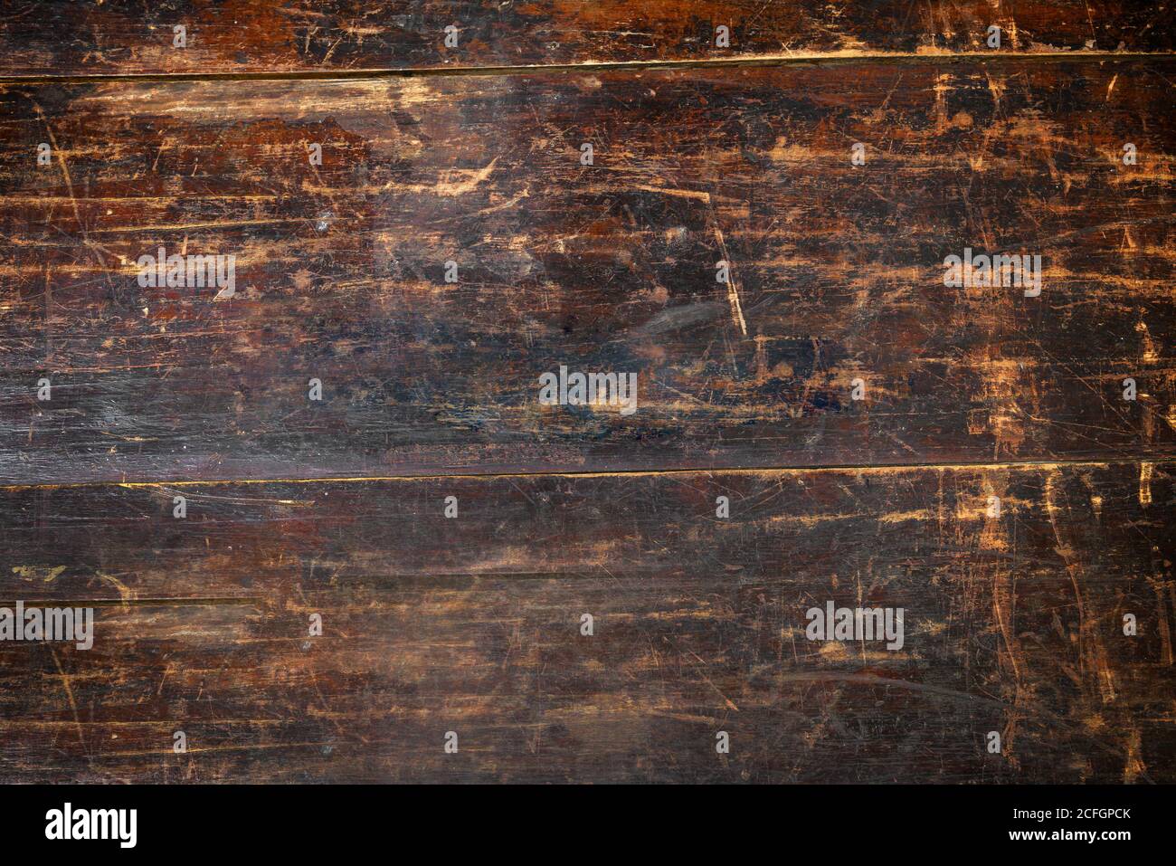 Vollformat Hintergrundstruktur eines alten gebeizt und zerkratzt Vintage braun Holzbrett mit Planken Stockfoto