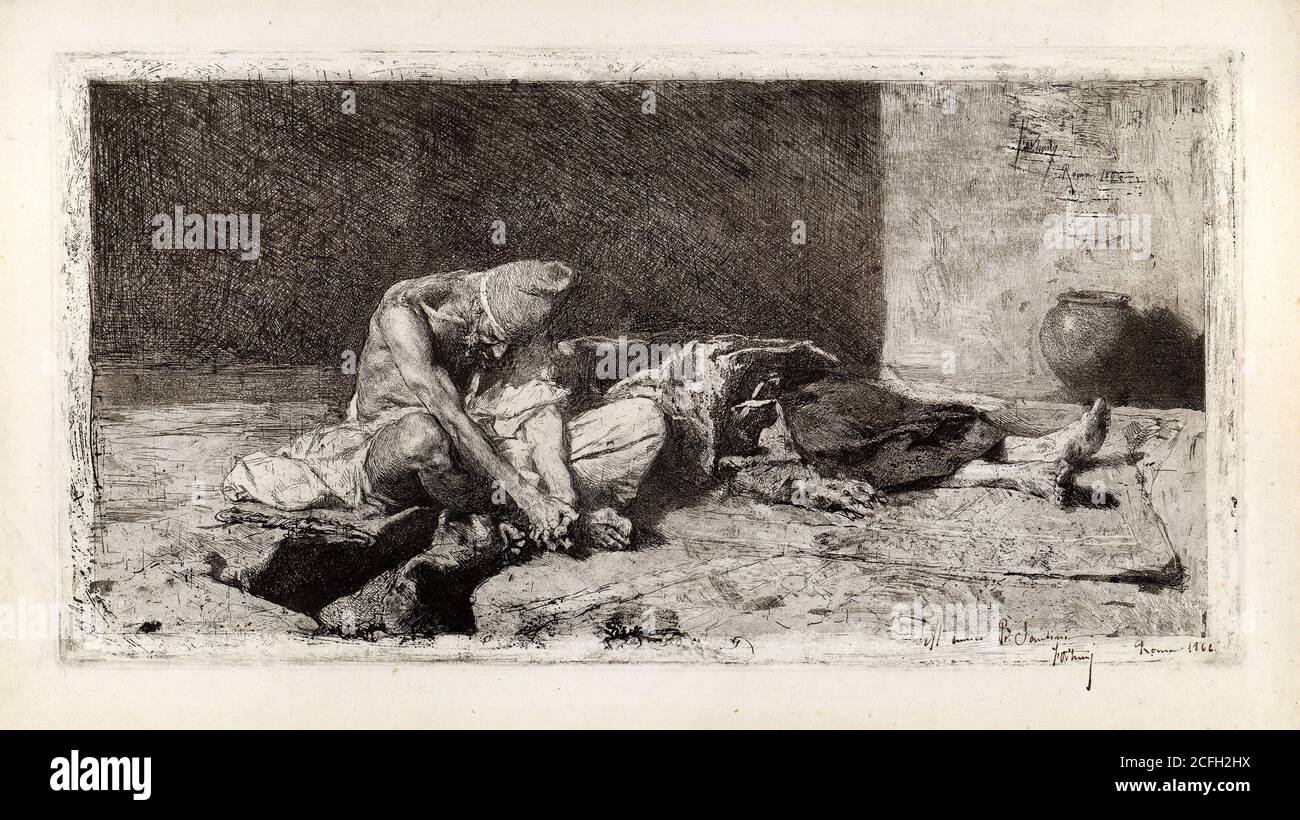Maria Fortuny, Araber beim Beobachten des Körpers eines Freundes 1866 Radieren und Aquatinta auf Papier, Museu Nacional d'Art de Catalunya, Barcelona, Spanien. Stockfoto