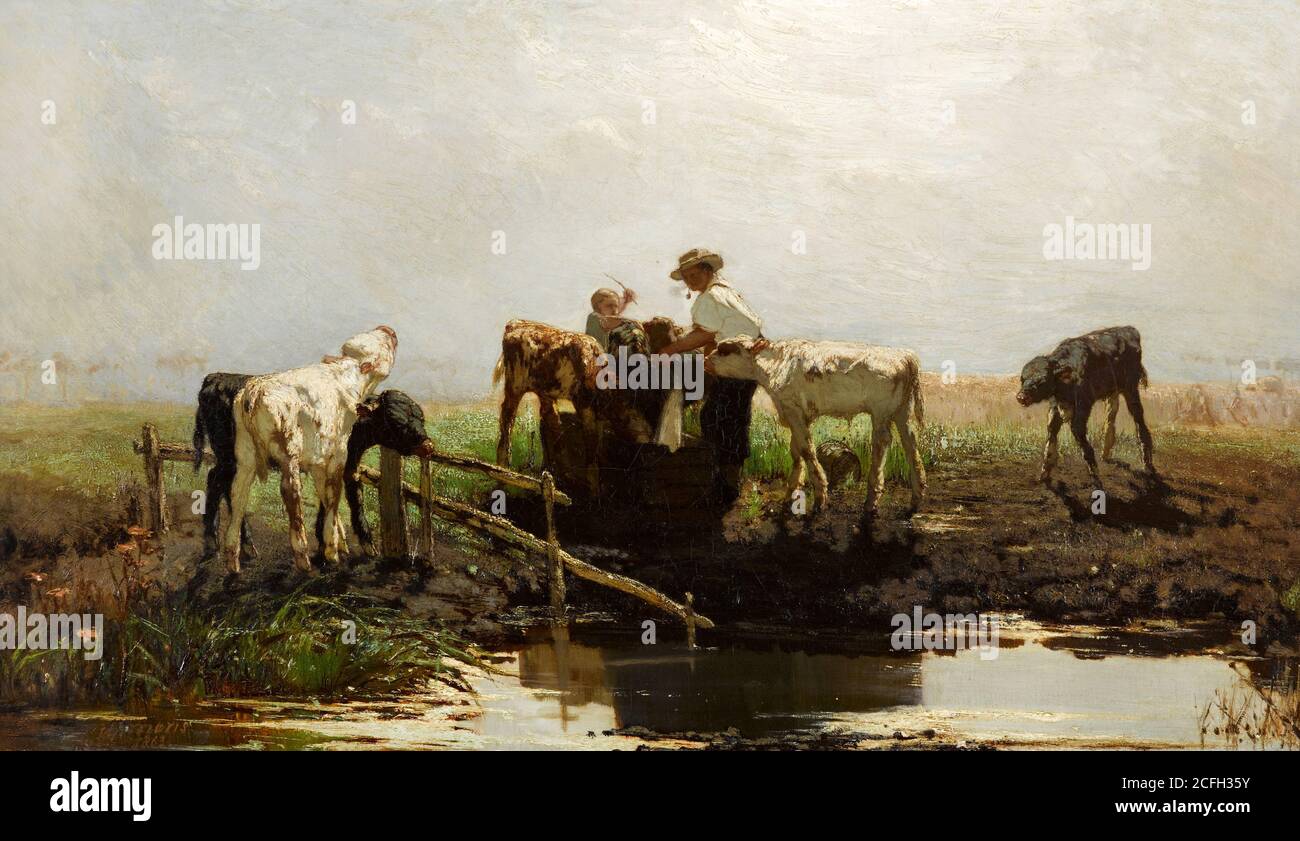 Willem Maris, Kälber an einem Trog, 1863 Öl auf Leinwand, Gemeentemuseum Den Haag, Den Haag, Niederlande. Stockfoto