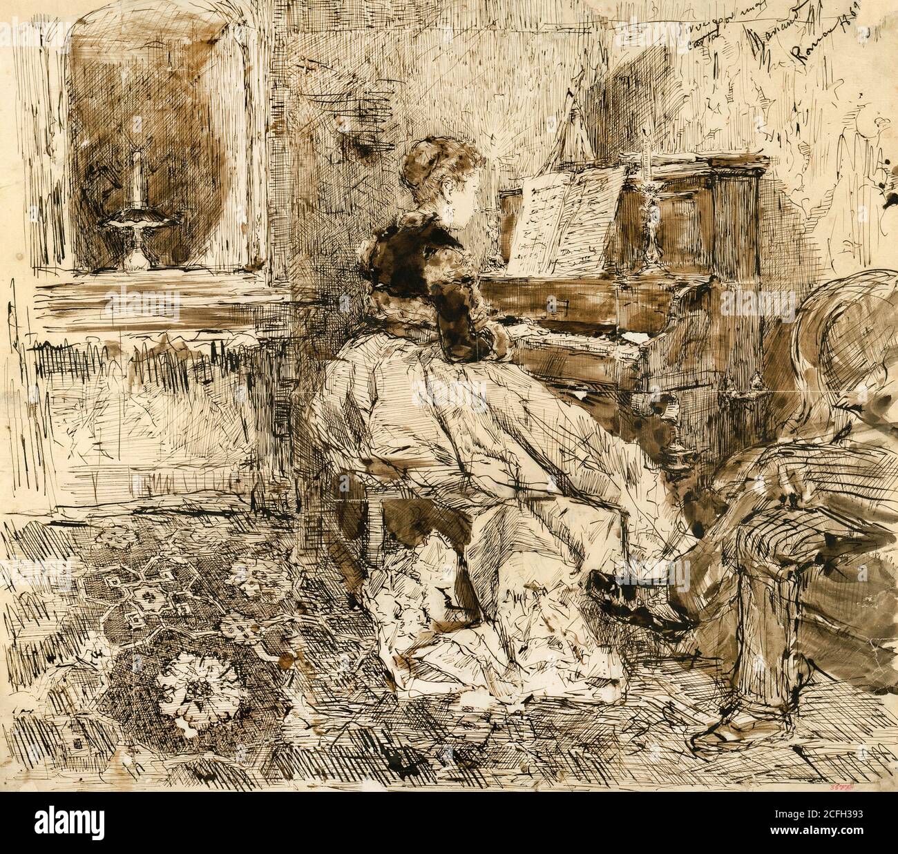 Maria Fortuny, Cecilia de Madrazo spielt Klavier 1869 Stift und Tinte und Tinte auf Papier, Museu Nacional d'Art de Catalunya, Barcelona, Spanien. Stockfoto