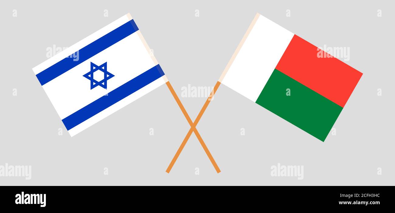 Gekreuzte Flaggen von Madagaskar und Israel. Offizielle Farben. Korrektes Verhältnis. Vektorgrafik Stock Vektor