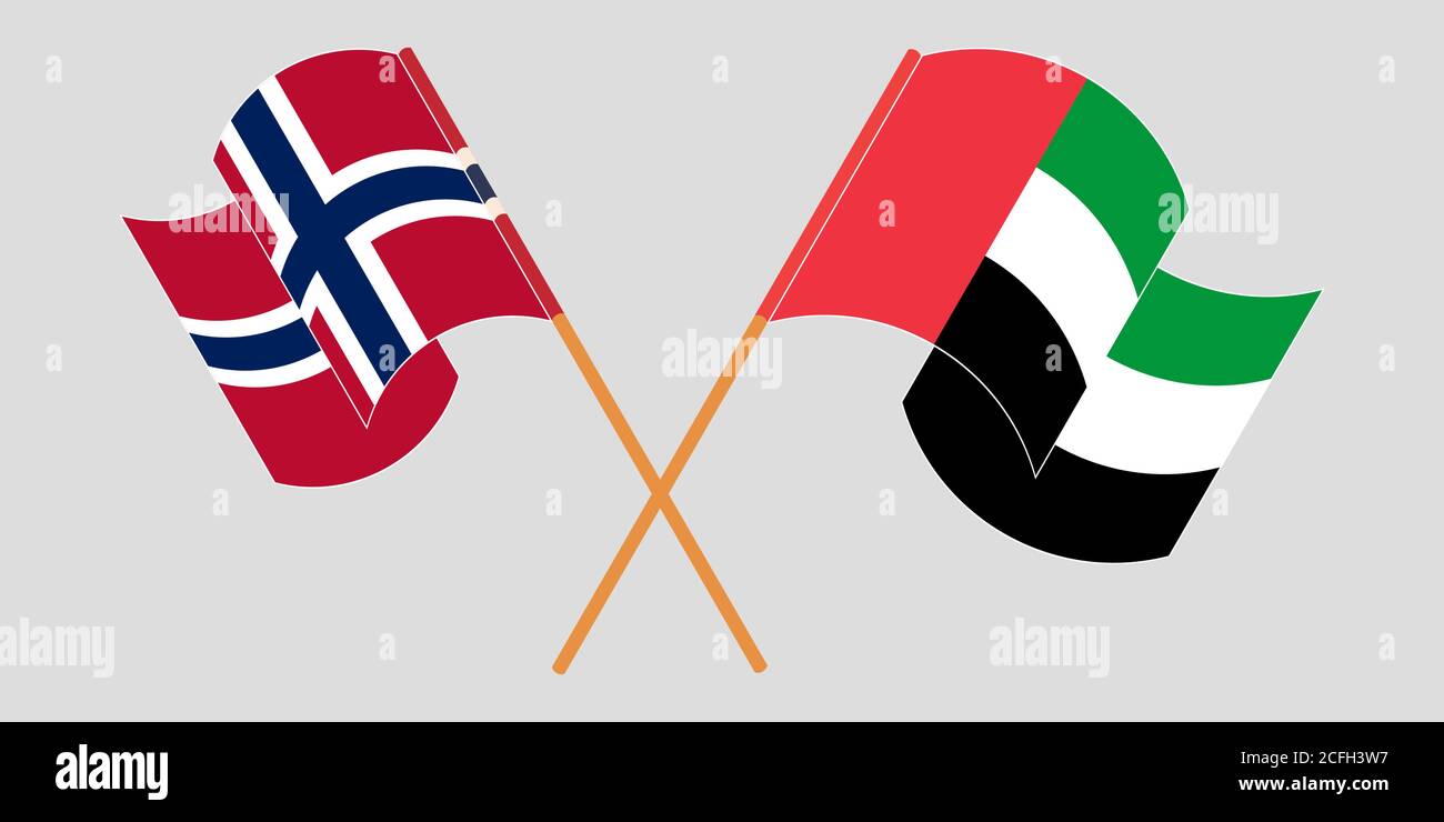 Gekreuzte und winkende Flaggen von Norwegen und den Vereinigten Arabischen Emiraten. Vektorgrafik Stock Vektor