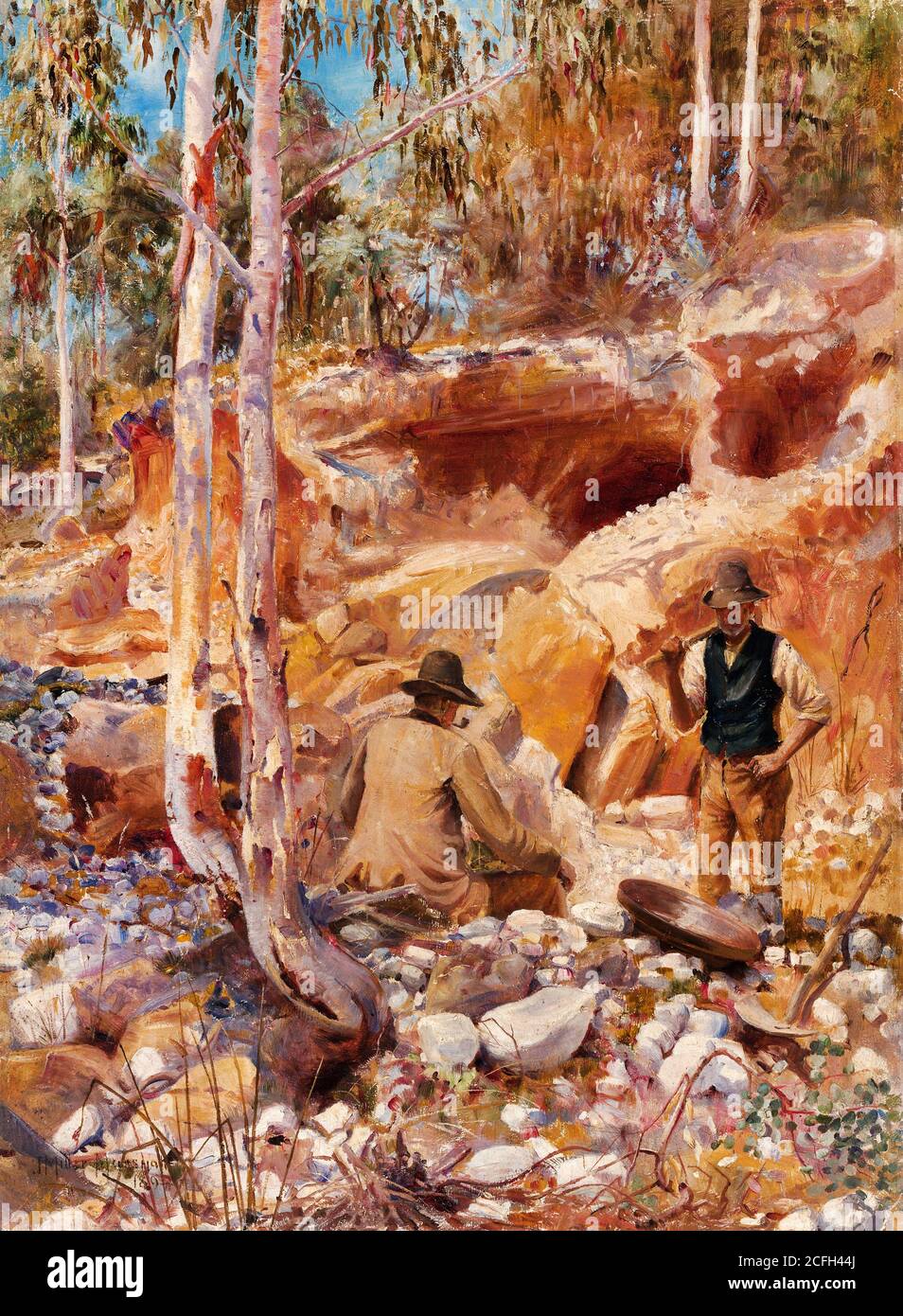 John Brett, Fossicking for Gold, 1893, Öl auf Leinwand, National Gallery of Australia, Canberra, Australien. Stockfoto