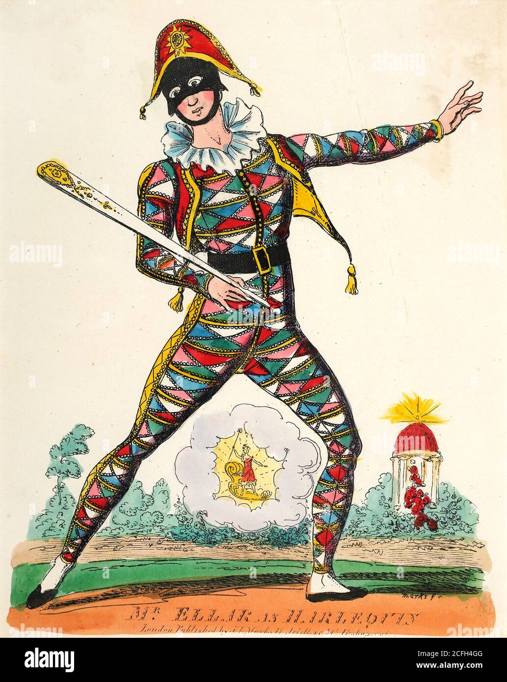 Marks, J.L., Theaterporträt, Herr Ellar als Harlekin, um 1822-1839, Print, Museum of London, England. Stockfoto