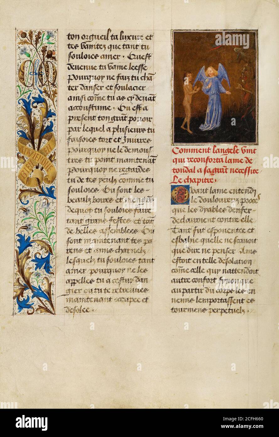 Simon Marmion, Tondals Seele betritt die Hölle, begleitet von seinem Schutzengel 1475 Tempera, Gold, Tusche auf Pergament, dem J. Paul Getty Museum, Los Angele Stockfoto
