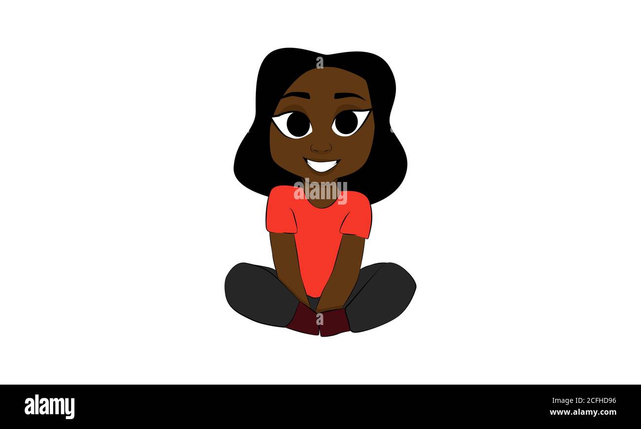 Vektor eines schwarzen Mädchen oder Frau mit welligen Haaren in rotem Hemd und dunklen Hosen und Schuhen sitzen mit Beinen gefaltet und isoliert vor einem weißen Hintergrund. Stock Vektor