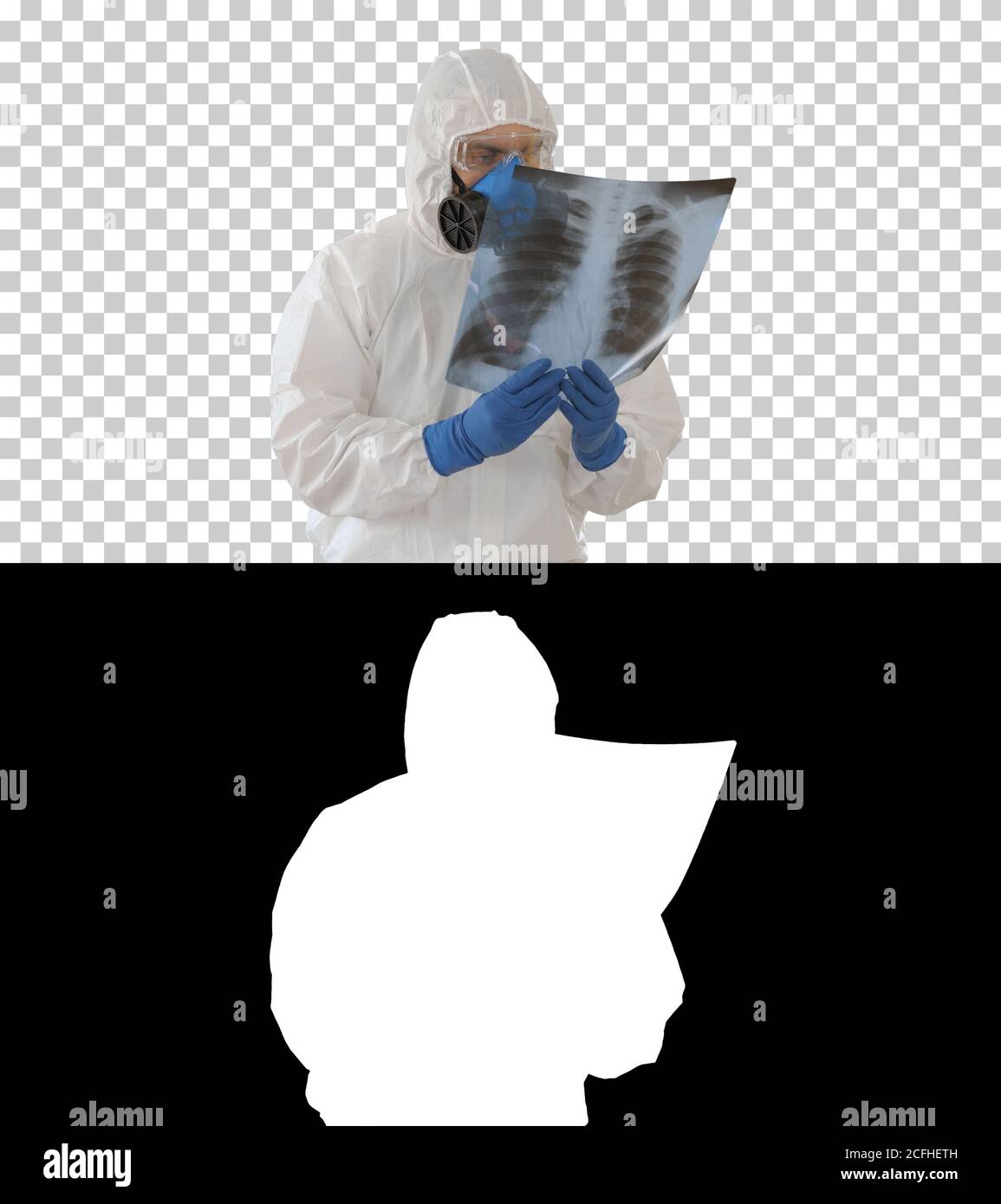 Medic in weißen Schutzanzug prüfen und Scannen Lunge Stockfoto