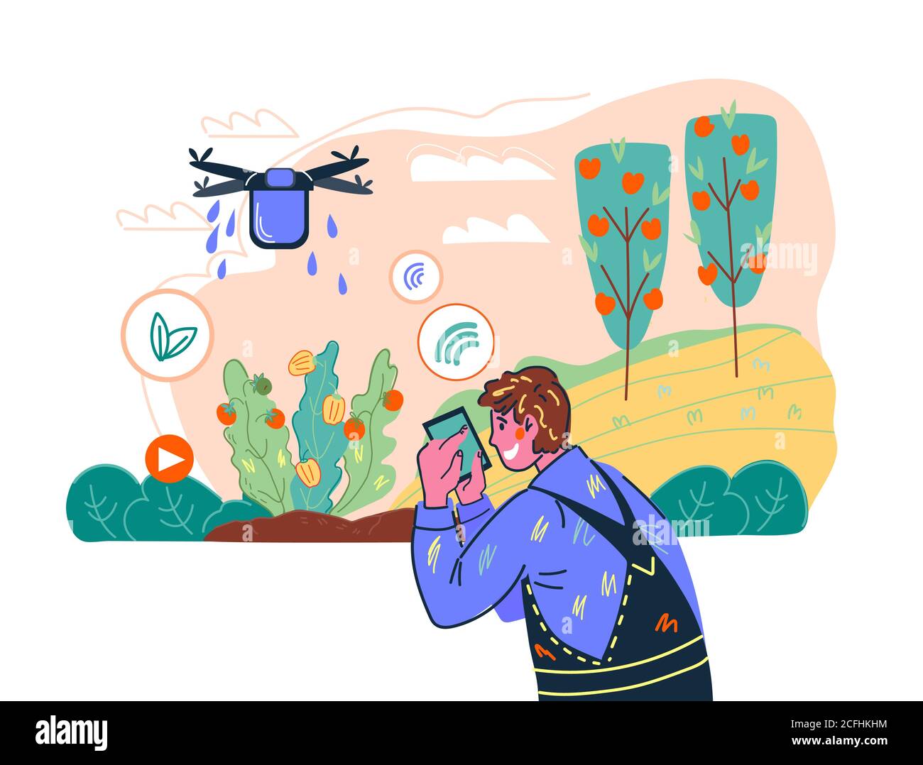 Smart Farming Technologie und landwirtschaftliche drahtlose System-Konzept mit Landwirt. Stock Vektor